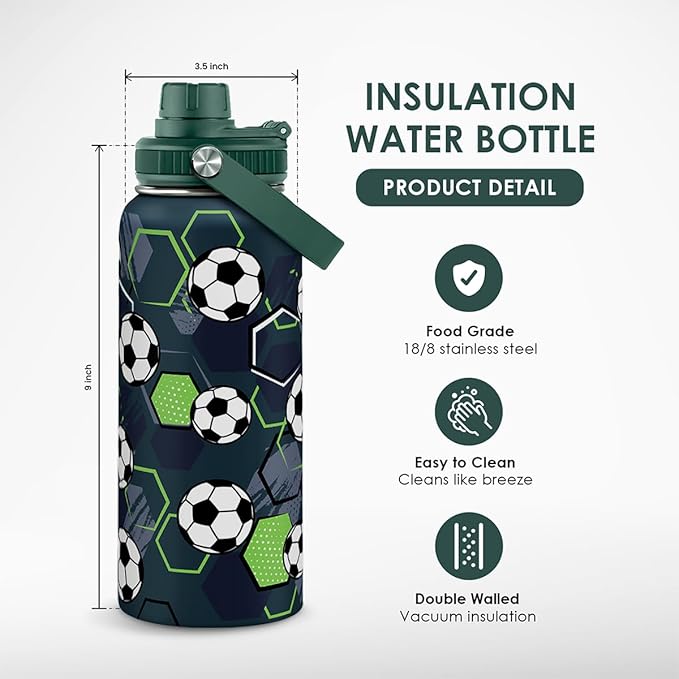 Soccer Water Bottle 32oz Stainless Steel, Travel Tumbler Vacuum Chug Lid Aesthetic Sport for Boys Men Friends Dad Brothers, Gifts for Fathers Day Birthday Christmas