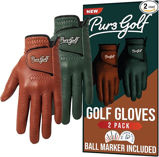 PUR3 Cabretta Leather Golf Gloves Men | 2 Pack Heritage Collection | Includes Putting Aim Ball Marker | Golf Glove Men Left Hand and Right Hand
