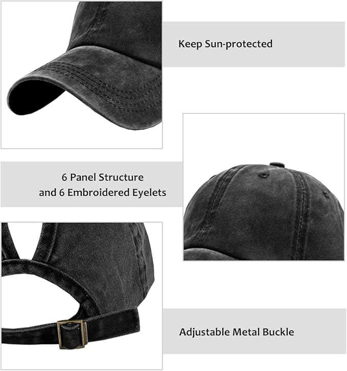 Womens Vintage Washed Distressed Baseball-Cap with Ponytail Hole Sport Golf Hat