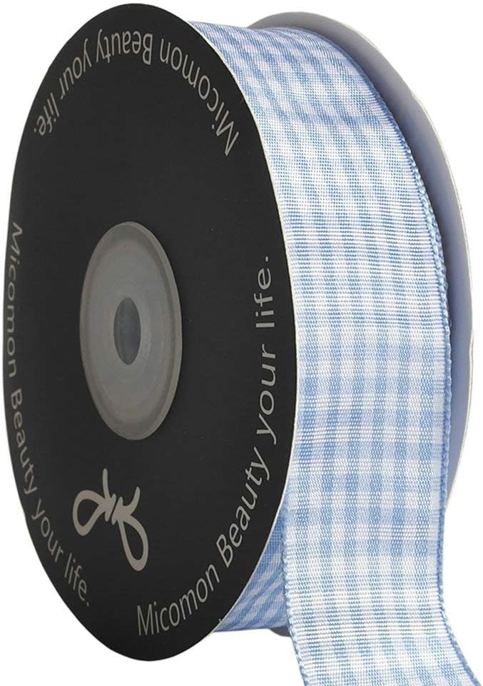 Light Blue Gingham Plaid Checked Ribbon 25 Yard Each Roll 100% Polyester by Micomon