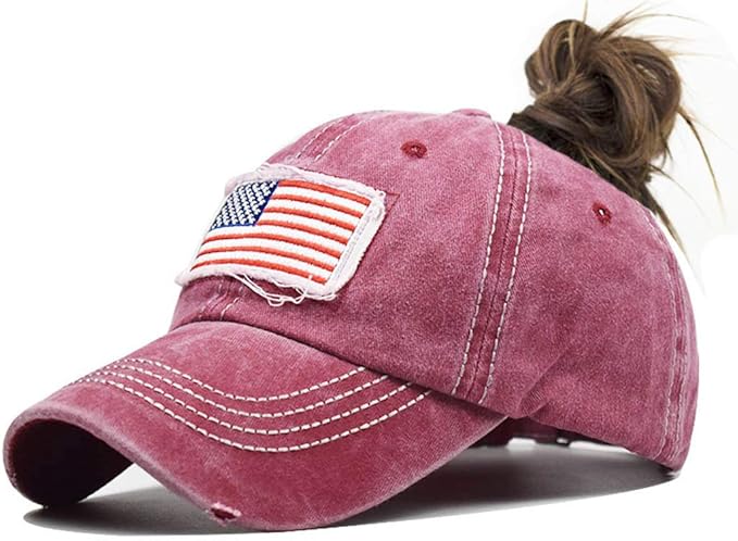 Distressed Ponytail Hat for Women American-Flag Pony Tail Caps High Bun