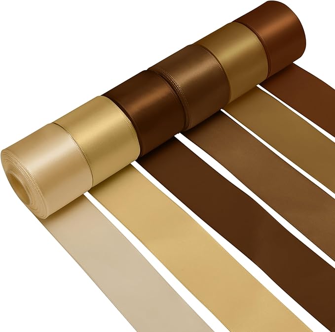 1-1/2 Inch Brown Satin Ribbons for Crafts, 6 Rolls Single-Faced Brown Assorted by Jacriah