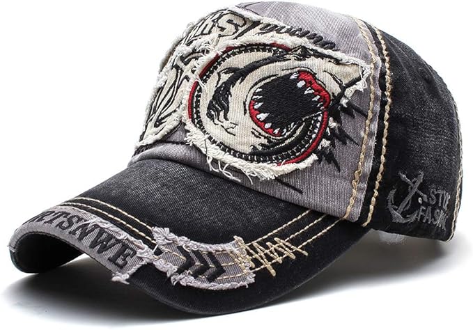Elwow Men's Oilcloth Front Decor Washed Distressed Embroidery Baseball Cap Driver Trucker Hat with Eagle & Shark Patch