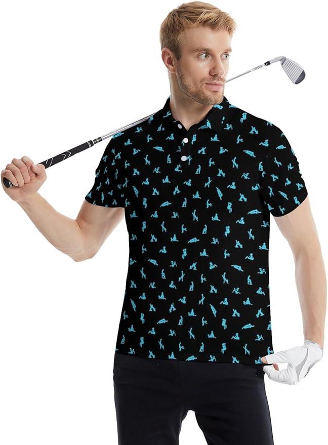 HUURAY Funny Golf Polos for Men Funny Print Short Sleeve Shirts Quick Dry Polo Shirts Hawaiian Shirt Performance Golf Outfits