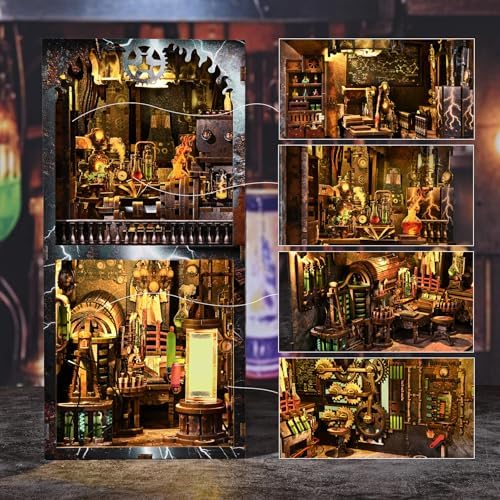 fifijoy Book Nook Kit, DIY Miniature Dollhouse Booknook Kit, 3D Wooden Puzzle Bookend Bookshelf Insert Decor with LED Light for Teens and Adults (Steampunk Mad Scientist Laboratory)