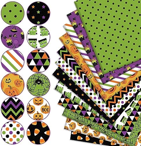 Whaline 12Pcs Halloween Cotton Fabric Bundles 18 x 22 Inch Spider Web Pumpkin Monster Fat Quarters Green Purple Black Orange Quilting Patchwork Squares Sewing Fabrics for DIY Craft Party Decor
