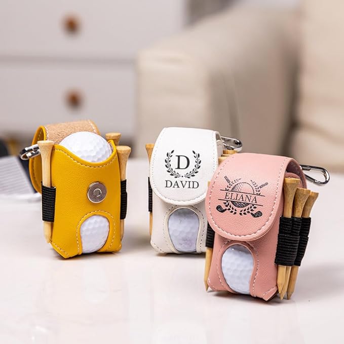 CALLIE Personalized Golf Ball & Tee Holder - Custom Name on Leather Golf Pouch with Belt Clip, Gifts for Golfers