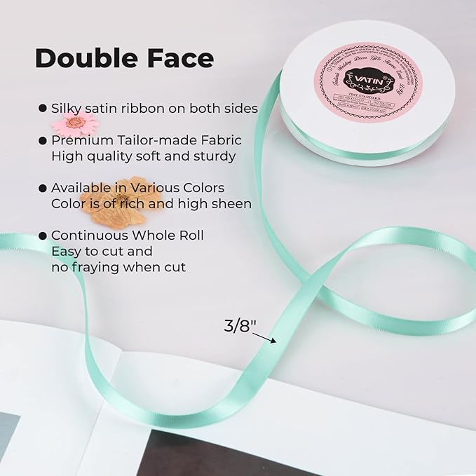 VATIN Double Face Aqua Satin Ribbon 3/8" Continuous 50 Yards, Gift Wrapping - Image 2