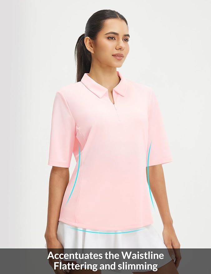 baleaf Women's Golf Shirts Half Sleeve Elbow Length Sleeves Polo Tops Workout Athletic Collared Quarter Zip V Neck UPF