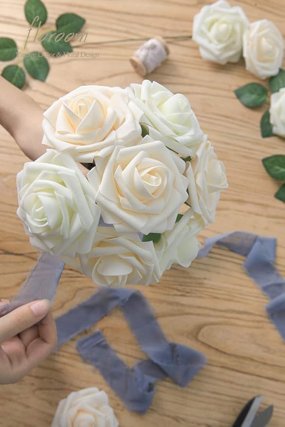Floroom Artificial Flowers 25pcs Real Looking Champagne Foam Fake Roses - Image 2