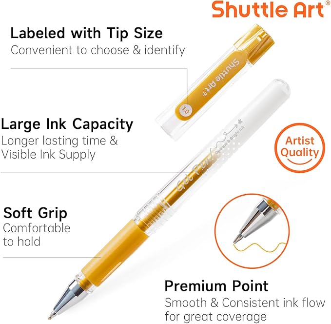 Shuttle Art White Gold Silver Gel Pens, 6 Pack 0.7mm, 1.0mm Metallic Gel Ink - Image 3