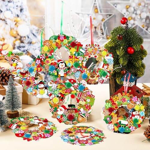 Hollowfly 48 Sets Christmas Wreath Craft Kits with Stickers