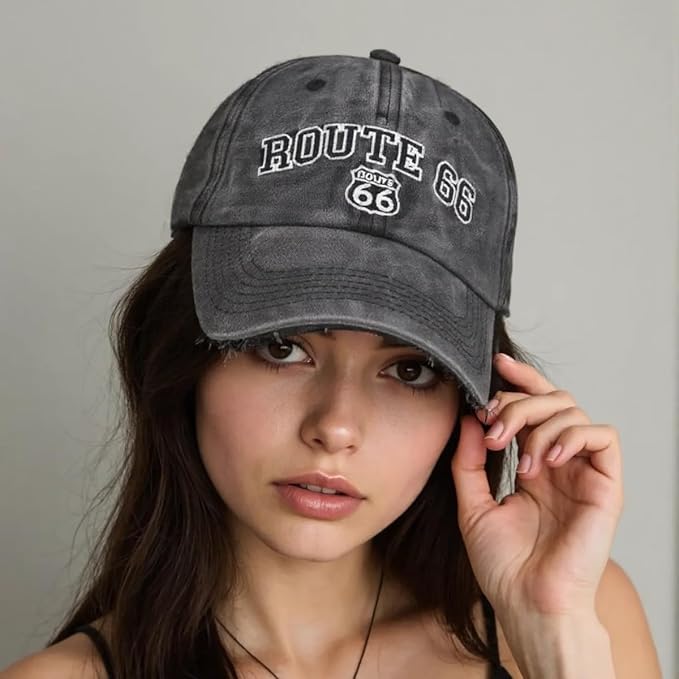 Vintage Washed Cotton Baseball Caps for Women Men Classic Route 66 Embroidered Sun Protection