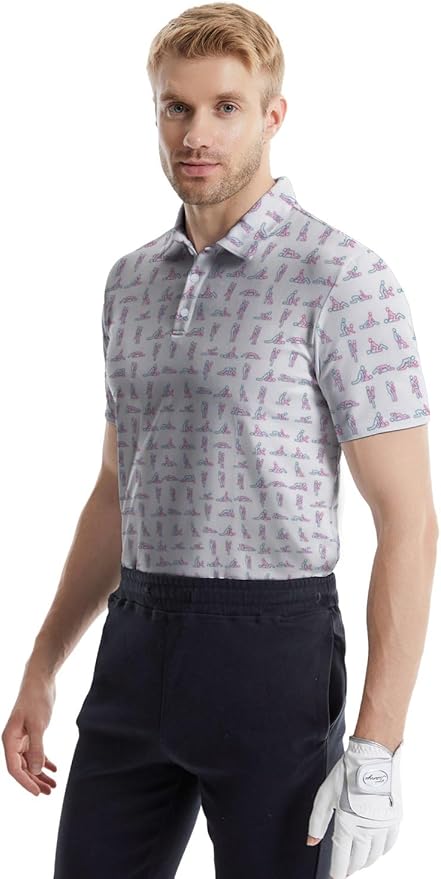 HUURAY Funny Golf Polos for Men Funny Print Short Sleeve Shirts Quick Dry Polo Shirts Hawaiian Shirt Performance Golf Outfits