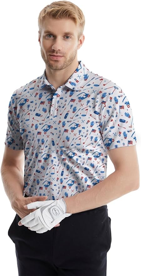 HUURAY Funny Golf Polos for Men Funny Print Short Sleeve Shirts Quick Dry Polo Shirts Hawaiian Shirt Performance Golf Outfits