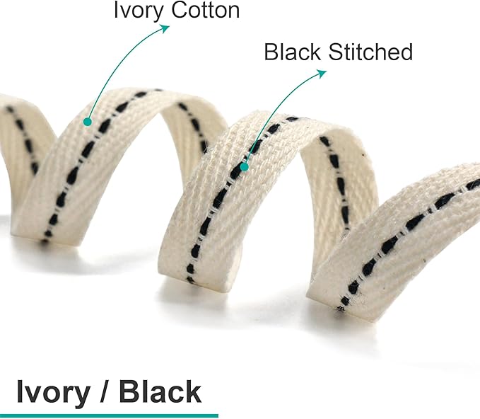 CT CRAFT LLC Ivory Cotton Black Stitched Ribbon 3/8" x 10 Yards - Image 3