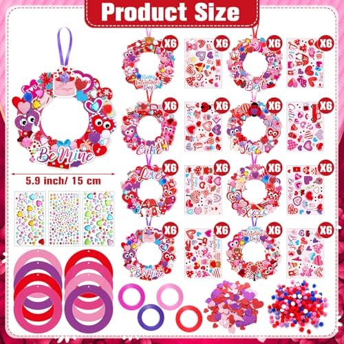 Hollowfly 48 Sets Valentine DIY Heart Wreath Craft Kits for Kids Activities