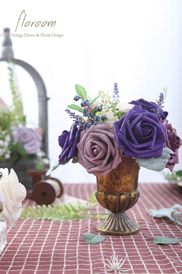 Floroom Artificial Flowers 25pcs Real Looking Dark Purple Foam Fake Roses - Image 3