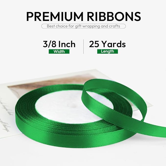 3/8 Inch 25 Yards Satin Ribbon Green, Solid Color Fabric Ribbon - Image 2