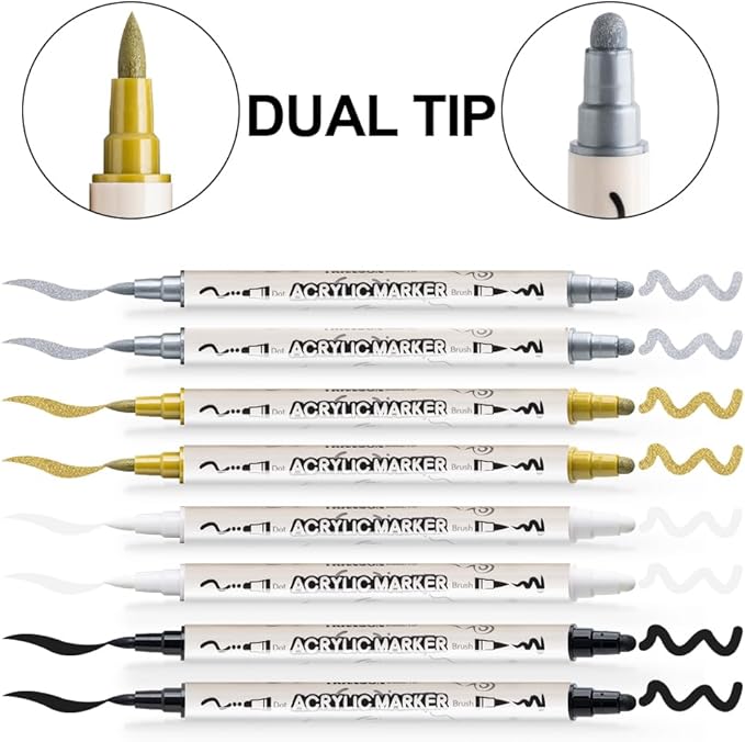 TRANSON 2 Gold, 2 Silver, 2 Black and 2 White Paint Markers Brush and Bold - Image 4