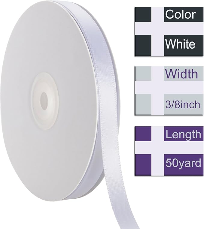 3/8 Inch White Ribbon, 50 Yards Craft Polyester Satin Ribbon Perfect - Image 2