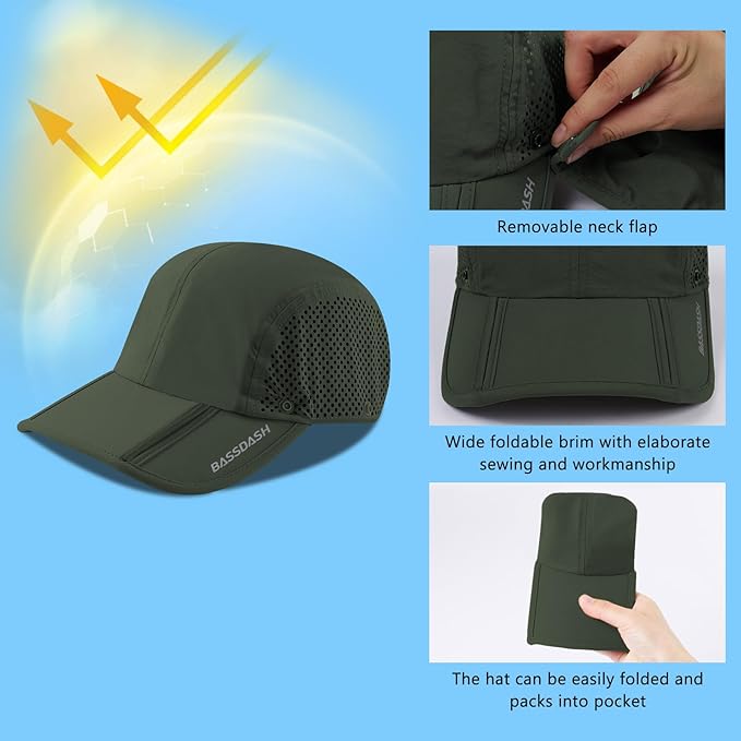 BASSDASH UPF 50+ Foldable Fishing Hat Baseball Cap with Removable Neck Flap Portable for Men Women Golf Hiking
