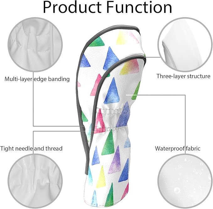 Golf Headcovers Fits Driver Hybrid Fairway 3/5 Wood, Waterproof PU Leather Golf Club Protector, Ideal Sports Accessories & Golfer Gift Colorful Geometry