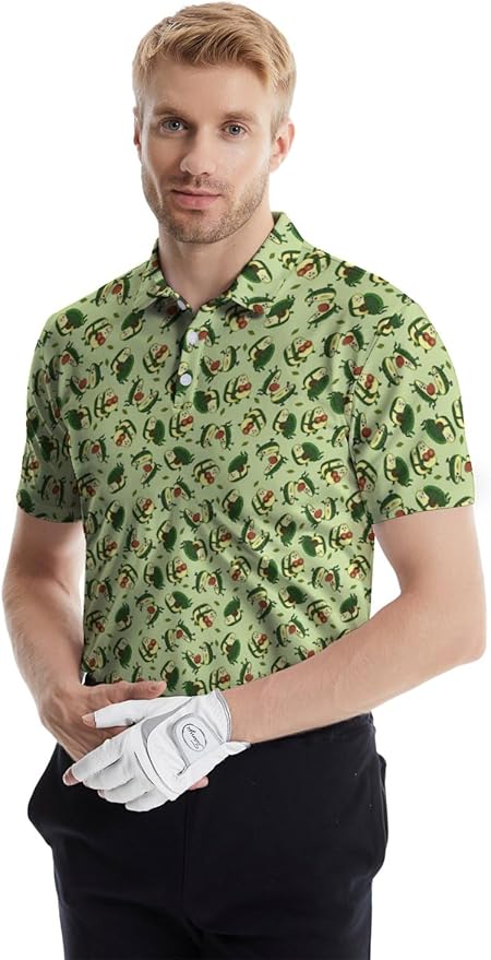 HUURAY Funny Golf Polos for Men Funny Print Short Sleeve Shirts Quick Dry Polo Shirts Hawaiian Shirt Performance Golf Outfits