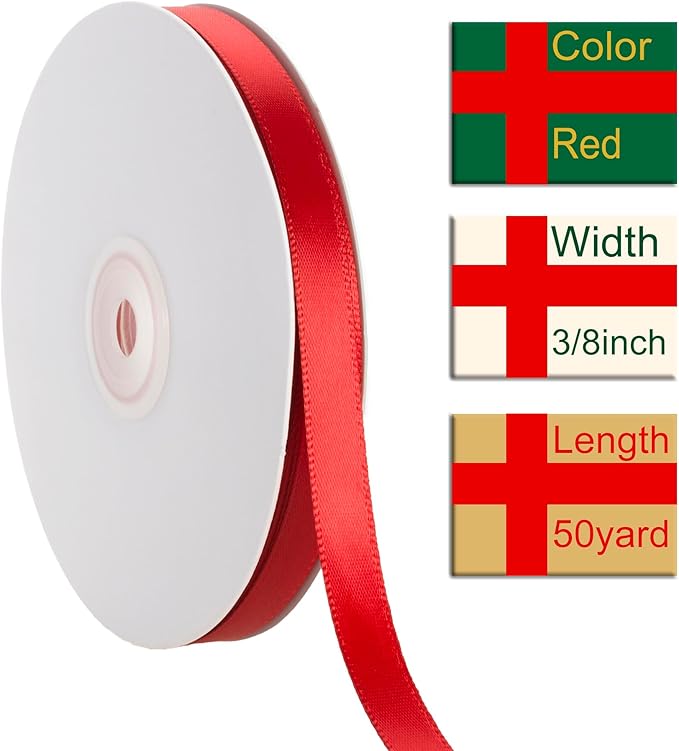 3/8 Inch Red Ribbon, 50 Yards Craft Polyester Satin Ribbon Perfect - Image 2
