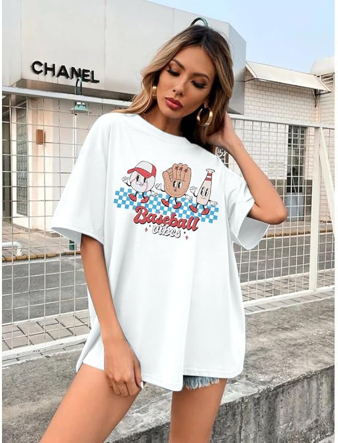 MOUSYA Baseball Shirts Women Oversized Baseball Mom Tshirt Baseball Heart Graphic Tee