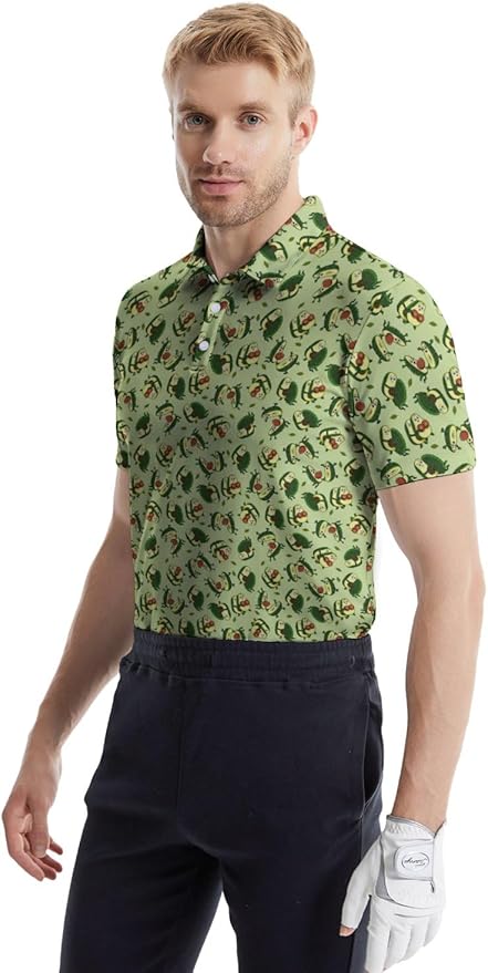 HUURAY Funny Golf Polos for Men Funny Print Short Sleeve Shirts Quick Dry Polo Shirts Hawaiian Shirt Performance Golf Outfits