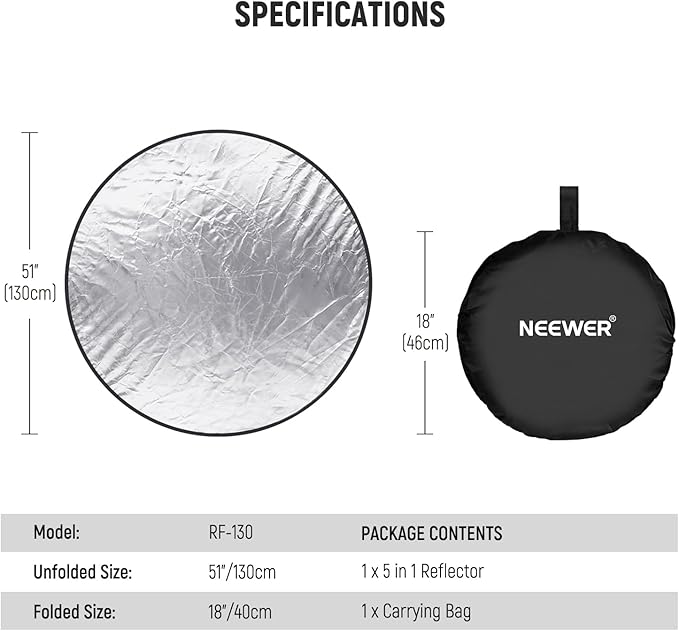 NEEWER 51 Inch/130 Centimeter Light Reflector Diffuser 5 in 1 Collapsible Multi - Image 9