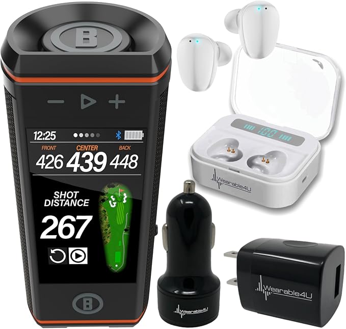 Bushnell Wingman HD View Golf Speaker, 3.5" Touchscreen, GPS Distances, Premium 360° Audio, Waterproof Design, Magnetic Cart Mount with Wearable4U White Earbuds & Car/Wall Chargers Bundle