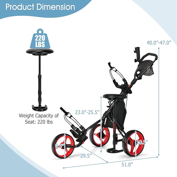 Tangkula Golf Push Pull Cart with Seat, Lightweight Folding 3 Wheels Golf Push Cart, Golf Trolley W/Storage Bag, Foot Brake, Adjustable Umbrella Holder & Seat, 4 Height Position Handle (Red)