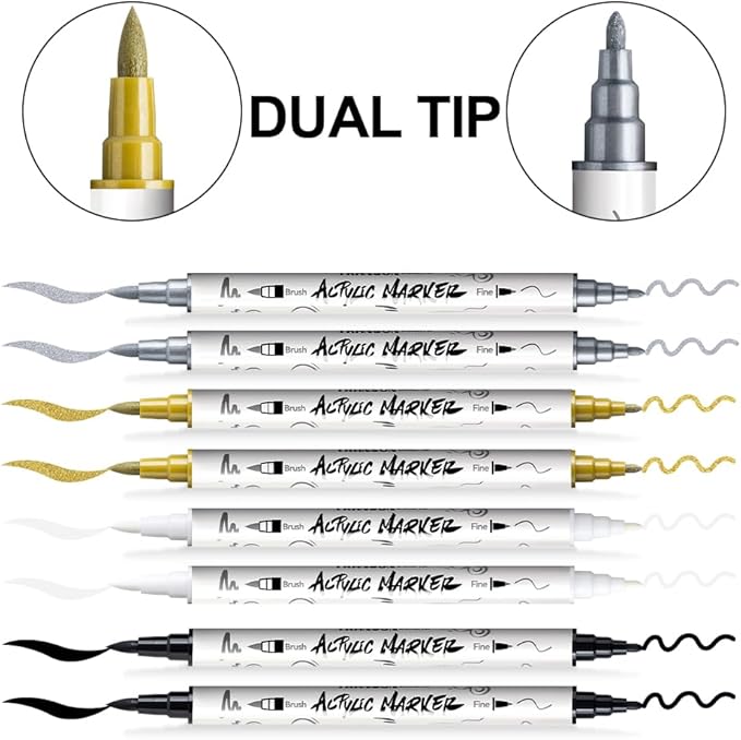TRANSON 2 Gold, 2 Silver, 2 Black and 2 White Paint Markers Brush and Fine - Image 5
