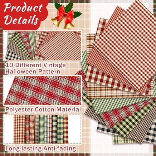 Hahafelt 10 Pcs Christmas Red Green Buffalo Plaid Fabric Bundles 20 x 20in