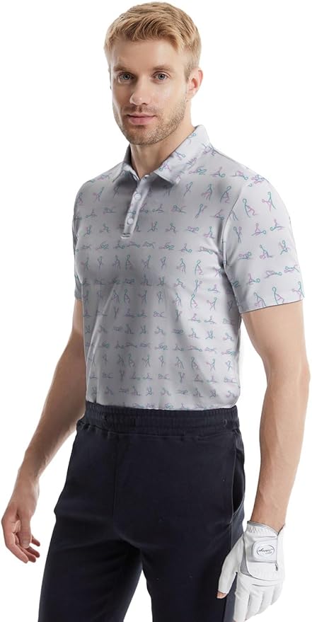 HUURAY Funny Golf Polos for Men Funny Print Short Sleeve Shirts Quick Dry Polo Shirts Hawaiian Shirt Performance Golf Outfits