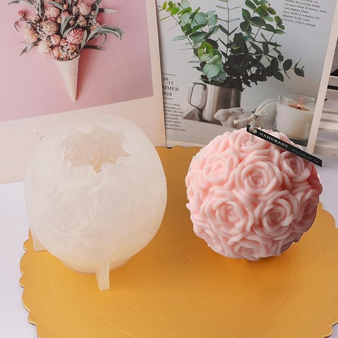 Large Rose Ball Candle Mold 3D Rose Flower Silicone Soap Mold - Image 6