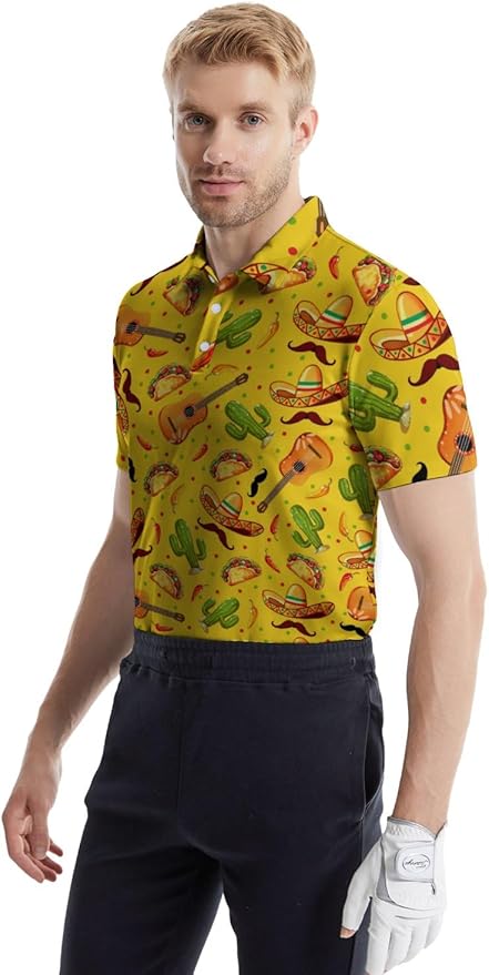 HUURAY Funny Golf Polos for Men Funny Print Short Sleeve Shirts Quick Dry Polo Shirts Hawaiian Shirt Performance Golf Outfits