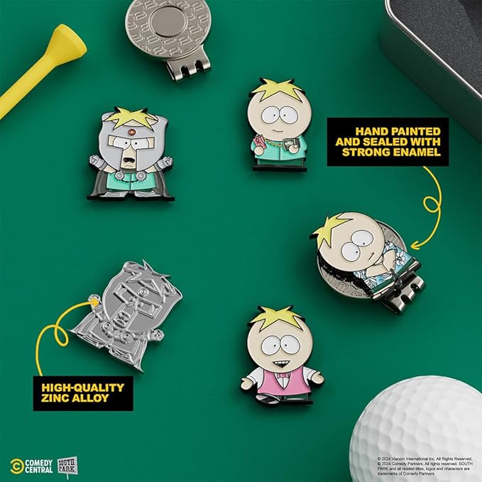 South Park Butters Golf Ball Marker – 4 Pack Set, Metal Enamel Magnetic Ball Markers with Hat Clips, Officially Licensed Collectible Golf Accessories and Gifts for Men and Women Golfers
