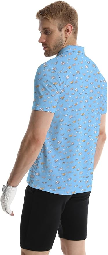 HUURAY Funny Golf Polos for Men Funny Print Short Sleeve Shirts Quick Dry Polo Shirts Hawaiian Shirt Performance Golf Outfits