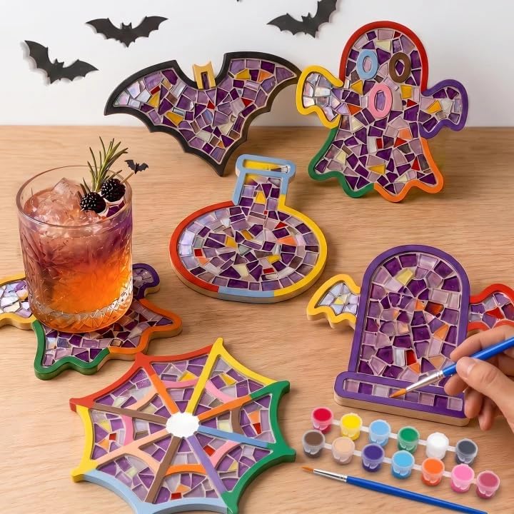 6 PCS Halloween Coasters, Mixed Color DIY Glass Mosaic Tiles for Crafts