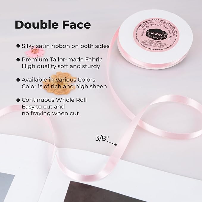 VATIN 3/8 inches Double Faced Light Pink/Baby Pink Polyester Satin Ribbon - Image 2