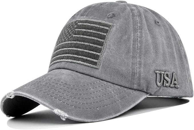 American Flag Baseball Cap, Embroidery Adjustable Washed Vintage Cotton Denim Distressed Hat for Women Men