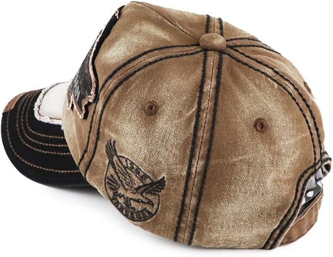 Elwow Men's Oilcloth Front Decor Washed Distressed Embroidery Baseball Cap Driver Trucker Hat with Eagle & Shark Patch