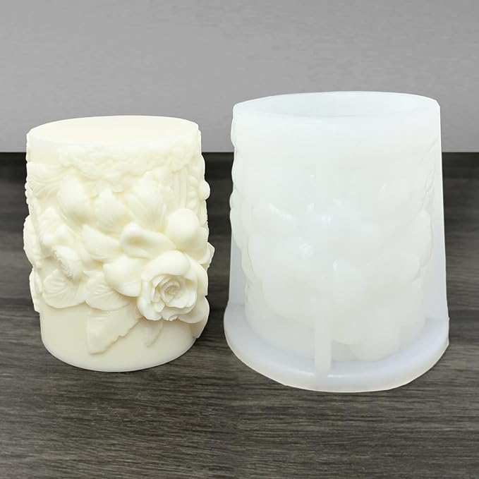 Flower Cylinder Candle Mold Floral Leaf Pillar Thick Silicone Mold - Image 2