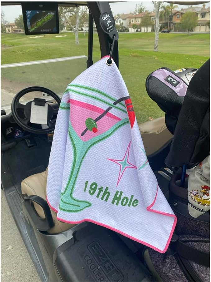 Giggle Golf Martini Par 3 Pack for Women, Microfiber Waffle Weave Golf Towel, Tee Bag with Tees and Bling Ball Marker with Magnetic Hat Clip (19th Hole)