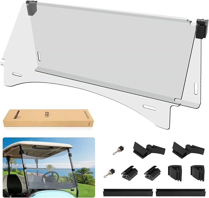 10L0L Golf Cart Windshield for Club Car Precedent 2004-Up, 2017-Up Onward, Tempo, Fold Down Club Car Windshield, Anti-UV Impact Resistant 37.5"W X 33.6"H (Clear)