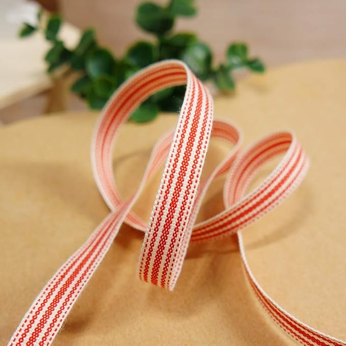 CT CRAFT LLC Ivory Cotton Red Stripes Ribbon 3/8" x 10 Yards - Image 4