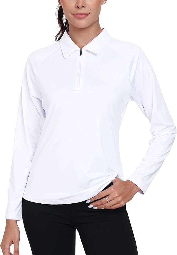 MoFiz Women's Golf Polo Shirt Long Sleeve Collared 1/4 Zip Stretch Soft Athletic Tops for Tennis Hiking & Outdoor Sports